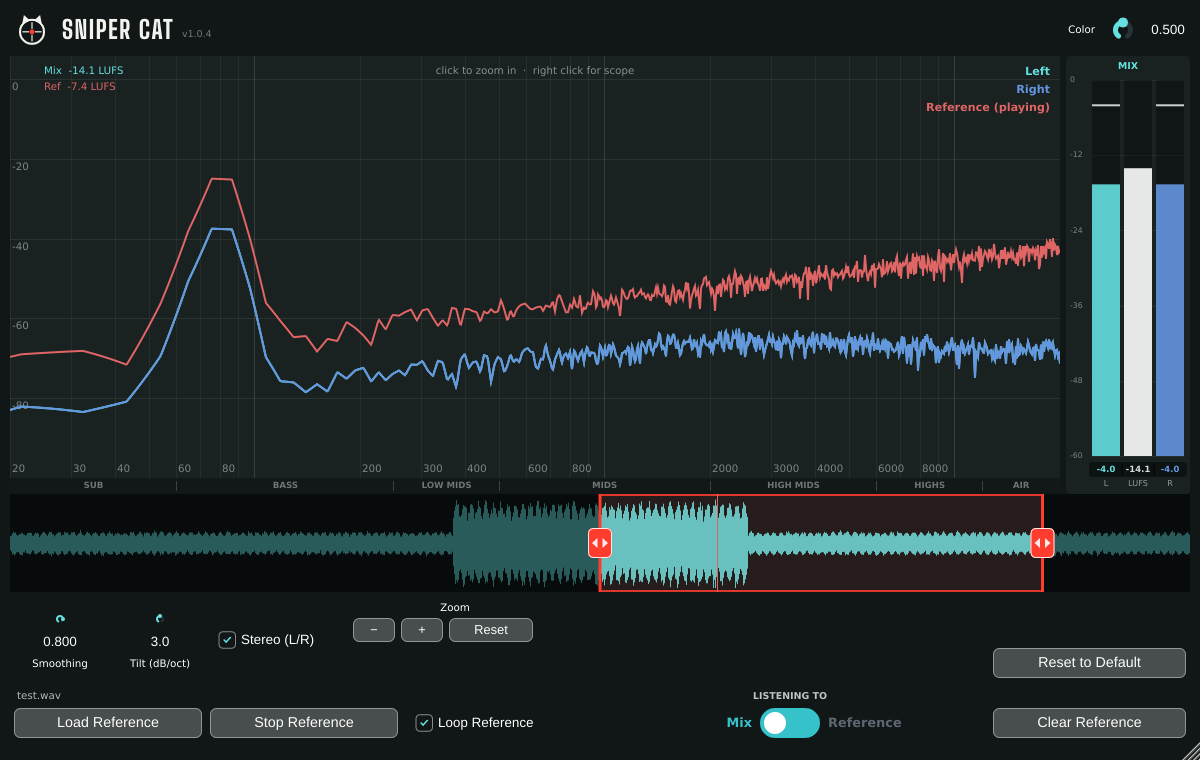 The Sniper Cat plugin comparing a mix with a reference song